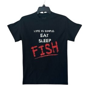 Black 'Eat Sleep Fish' T-Shirt Distressed White/Red Unisex Fisherman Outdoors S‎
